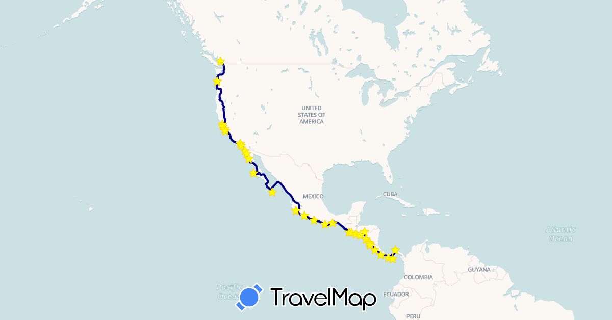 TravelMap itinerary: driving in Canada, Costa Rica, Guatemala, Honduras, Mexico, Nicaragua, Panama, El Salvador, United States (North America)